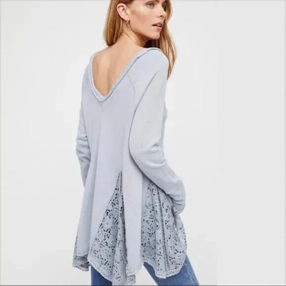 Free People No Frills Lace Inset Blue Sweatshirt Tunic Top Women's Size Small - Picture 1 of 12